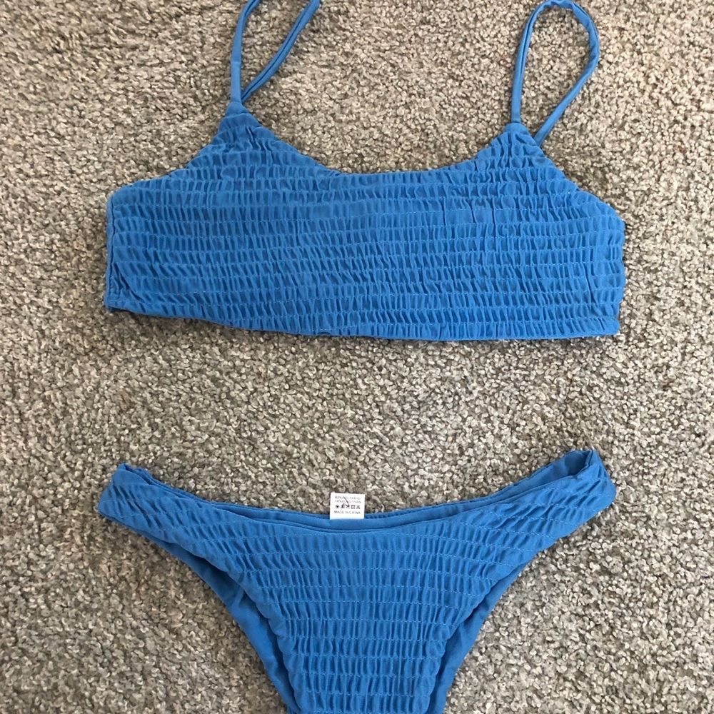 blue ruched bikini set
